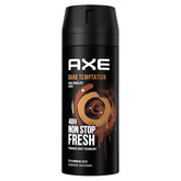 Axe - Dark Temptation Deodorant Body Spray (150ml) features a dark chocolate scent, 48-hour freshness, and comes in a black can with a brown swirl design.